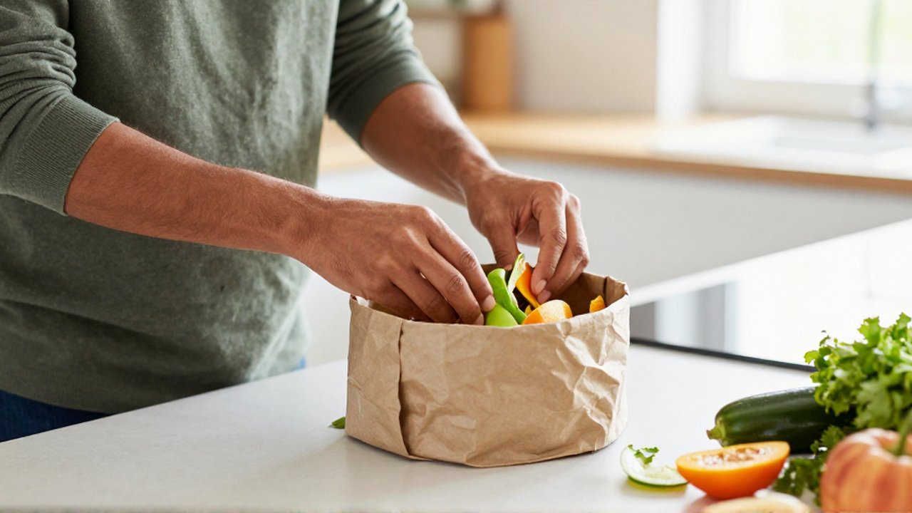 Eine lateinamerikanische Person gibt Obst- und Gemüsereste in einen kleinen Komposteimer in einer modernen Küche.