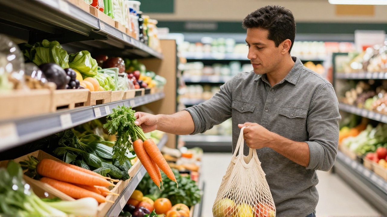 Eine lateinamerikanische Person füllt frische Karotten und Äpfel in einen wiederverwendbaren Baumwollnetzbeutel in einem Supermarkt.