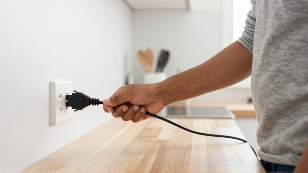 Eine lateinamerikanische Person zieht in einer modernen Küche einen Stecker direkt aus der Steckdose.