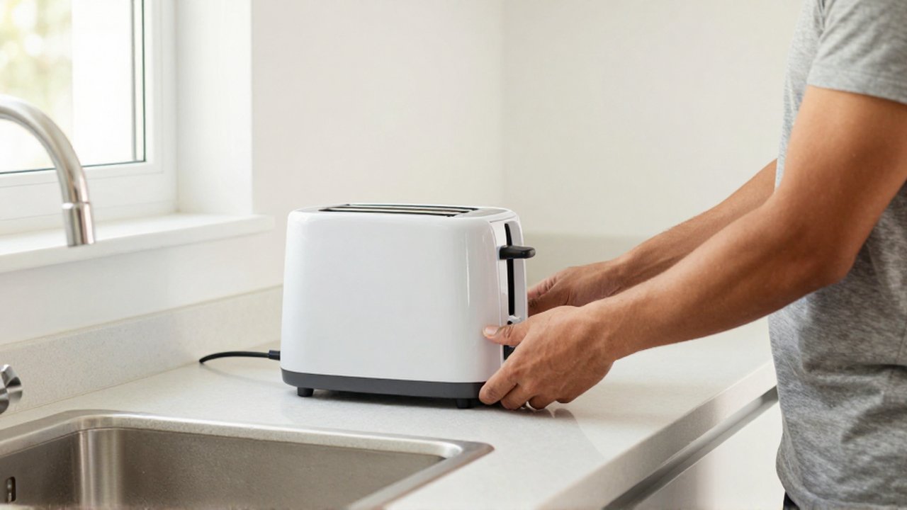Eine lateinamerikanische Person stellt ein kleines Elektrogerät sicher auf einer hellen Küchenarbeitsplatte neben dem Spülbecken ab.