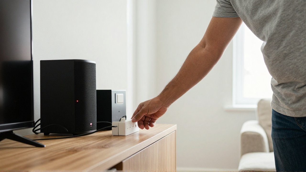 Eine lateinamerikanische Person schaltet in einem modernen Wohnzimmer eine Steckerleiste mit elektronischen Geräten aus.