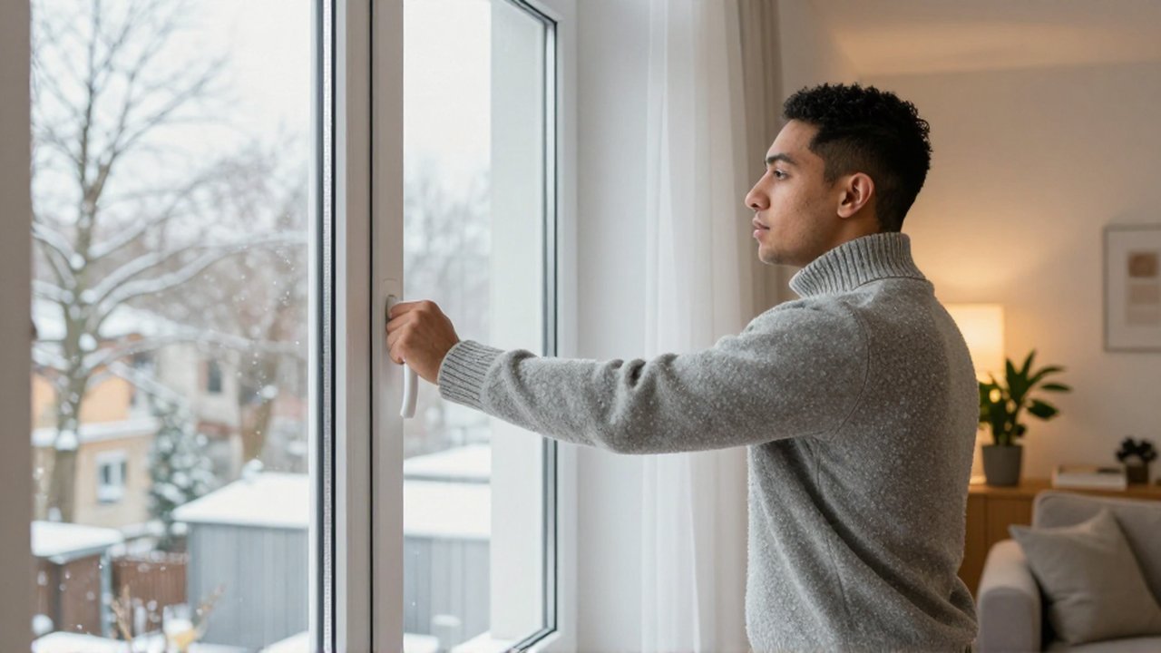 Eine lateinamerikanische Person in Winterkleidung öffnet in einem hellen Wohnzimmer weit das Fenster.