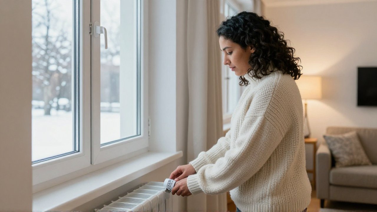 Eine lateinamerikanische Frau in Winterkleidung dreht an einem Heizkörperthermostat neben einem offenen Fenster.