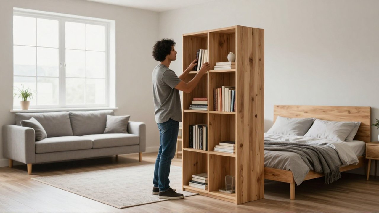 Eine lateinamerikanische Person stellt in einem hellen Studioapartment ein Buch in ein offenes Raumteiler-Regal.