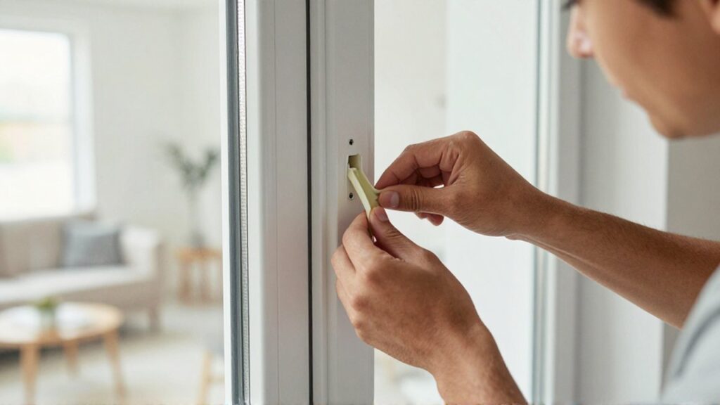 Eine lateinamerikanische Person prüft mit dem Finger die Gummidichtung eines weißen Fensterrahmens.